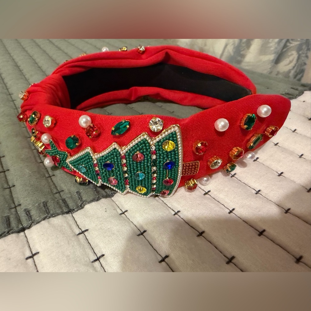 Festive Red Headband with Christmas Tree Design